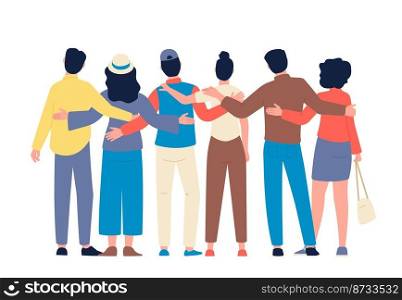 Friends hugging. Love bonds, backside view people hug together. Celebrating or greetings group, empathy friendship and support, recent vector concept. Illustration of love hug together. Friends hugging. Love bonds, backside view people hug together. Celebrating or greetings group, empathy friendship and support, recent vector concept