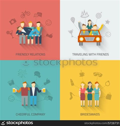 Friends icons flat set with friendly relations travelling cheerful company bridesmaids isolated vector illustration