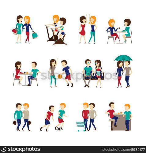 Friends Icons Set. Friends icons set with sports going to a cafe and fitness together symbols flat isolated vector illustration