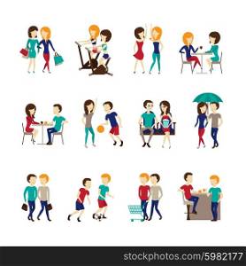 Friends Icons Set. Friends icons set with sports going to a cafe and fitness together symbols flat isolated vector illustration