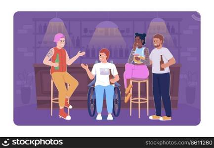 Friends in bar 2D vector isolated illustration. Communicating flat characters on cartoon background. Drinking beer while talking colourful editable scene for mobile, website, presentation. Friends in bar 2D vector isolated illustration