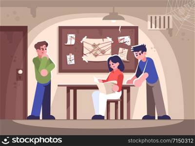 Friends in criminal quest room flat vector illustration. Woman and men investigating crime cartoon characters. People in detective escape room solving murder mystery, searching for answer