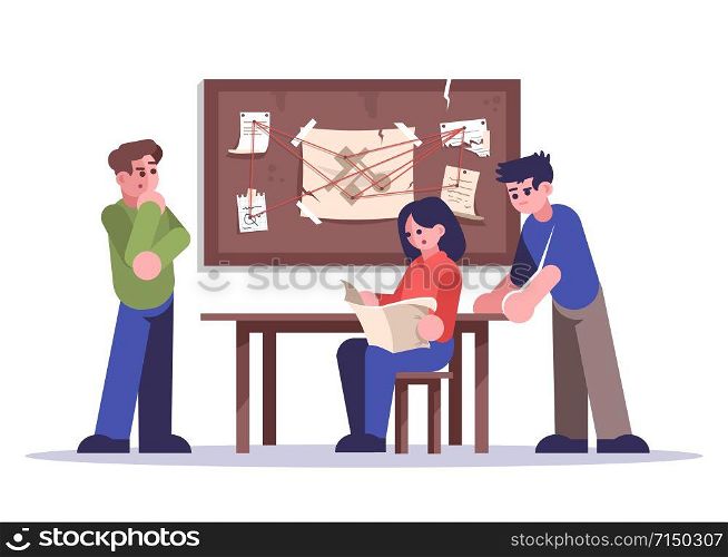 Friends in detective escape room flat vector illustration. Woman and men investigating crime isolated cartoon characters on white background. Team in criminal quest room solving murder. Logic game
