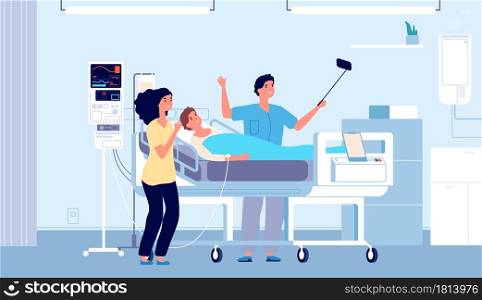 Friends in hospital. Patients, happy people doing selfie with their friend in bed. Guy recovering, visitors to clinic in ward vector illustration. Hospital rehabilitation, healthcare and recovery. Friends in hospital. Patients, happy people doing selfie with their friend in bed. Guy recovering, visitors to clinic in ward vector illustration
