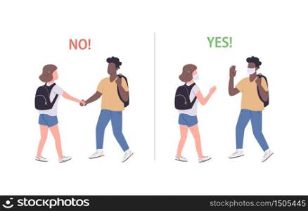 Friends in medical masks flat color vector faceless characters set. College students communication isolated cartoon illustrations on white background. Pandemic protection advice, social distance