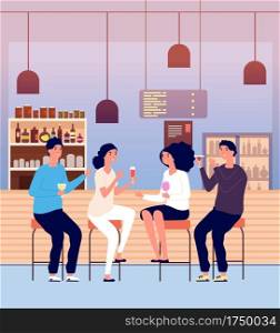Friends in pub. Men and women drink alcohol shots and make toast. People talking and relaxing in bar vector cartoon concept. Illustration pub drink man and woman. Friends in pub. Men and women drink alcohol shots and make toast. People talking and relaxing in bar vector cartoon concept
