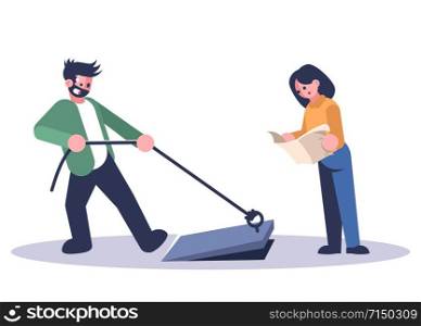 Friends in quest room flat vector illustration. Woman reading map, man opening basement isolated cartoon characters on white background. Couple in escape room looking for exit. Logic game