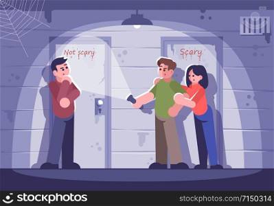 Friends in quest room flat vector illustration. Young woman and men choosing door cartoon characters. Difficult decision, important choice. People in escape room. Teamwork, logic game
