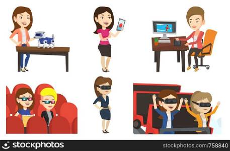 Friends in virtual reality headset riding on roller coaster. Women in virtual reality glasses having fun in virtual amusement park. Set of vector flat design illustrations isolated on white background. Vector set of people using modern technologies.