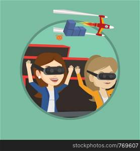 Friends in virtual reality headset riding on roller coaster. Women in virtual reality glasses having fun in virtual amusement park. Vector flat design illustration in the circle isolated on background. Friends in vr headset riding on roller coaster.