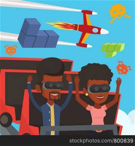 Friends in virtual reality headset riding on roller coaster. African-american fiends in virtual reality glasses having fun in virtual amusement park. Vector flat design illustration. Square layout.. Friends in vr headset riding on roller coaster.
