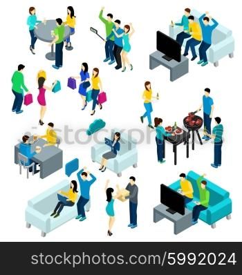 Friends isometric set with people drinking making bbq and watching tv isolated vector illustration. Friends Isometric Set