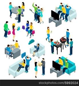 Friends isometric set with people drinking making bbq and watching tv isolated vector illustration. Friends Isometric Set