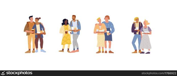 Friends, lovers, lesbians, romantic couples standing together, keeping food trays. Young family, millenials, coffee break, fast food restaurant, cafe. Vector flat illustration isolated on white.. Friends, lovers, lesbians, romantic couples standing together, keeping food trays. Coffee break.