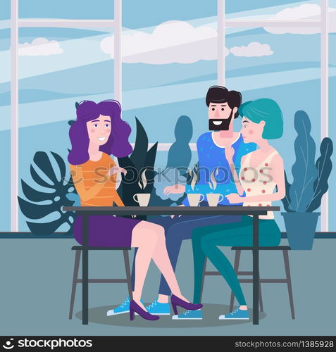 Friends male and female is drinking coffee in cafe. Friends male and female is drinking coffee in cafe. A man and a womans are sitting at a table in a cozy floral interior restaurant. Vector illustration in a trendy flat style