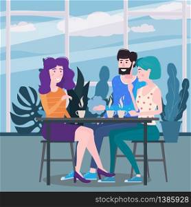 Friends male and female is drinking coffee in cafe. Friends male and female is drinking coffee in cafe. A man and a womans are sitting at a table in a cozy floral interior restaurant. Vector illustration in a trendy flat style