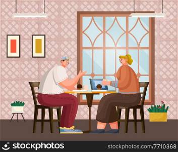 Friends man and woman in restaurant together eating desserts. Male and female characters drinking coffee sitting at table with laptop. Meeting, weekend leisure cartoon flat vector illustration. Friends man and woman in restaurant together drinking coffee sitting at table with laptop