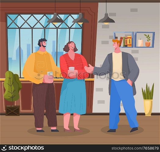 Friends meeting at house, home reception of couple. People talking and drinking water from cups. Housewarming party or holiday celebration. Interior design of living room vector in flat style. Man at Friends Place, Modern Home Reception Vector