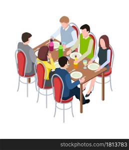Friends meeting. Family festive dinner, isometric people eating together. Woman man drinking and communicate vector illustration. Family in restaurant drink and eat. Friends meeting. Family festive dinner, isometric people eating together. Woman man drinking and communicate vector illustration