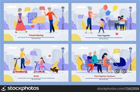 Friends Meeting, Family Walking and Recreation. Flat Motivation Banner Set. Cartoon Grandparents, Parents and Children Having Rest in Park. Senior Man and Woman on Romantic Date. Vector Illustration. Friends Meeting, Family Walking and Recreation Set