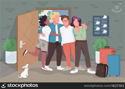 Friends meeting flat color vector illustration. Party after long time sitting at home on quarantine. Close relatives talking 2D cartoon characters with full mail boxes on background. Friends meeting flat color vector illustration