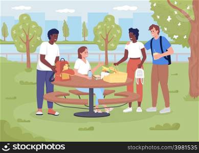 Friends meeting for picnic in park flat color vector illustration. Modern urban lifestyle. Public area with picnic table. Teenagers 2D simple cartoon characters with landscape on background. Friends meeting for picnic in park flat color vector illustration