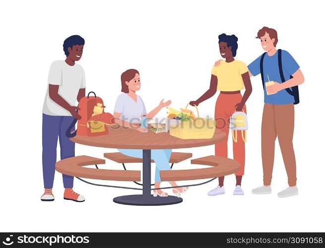 Friends meeting for picnic semi flat color vector characters. Posing figures. Full body people on white. Picnic table simple cartoon style illustration for web graphic design and animation. Friends meeting for picnic semi flat color vector characters