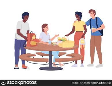 Friends meeting for picnic semi flat color vector characters. Posing figures. Full body people on white. Picnic table simple cartoon style illustration for web graphic design and animation. Friends meeting for picnic semi flat color vector characters