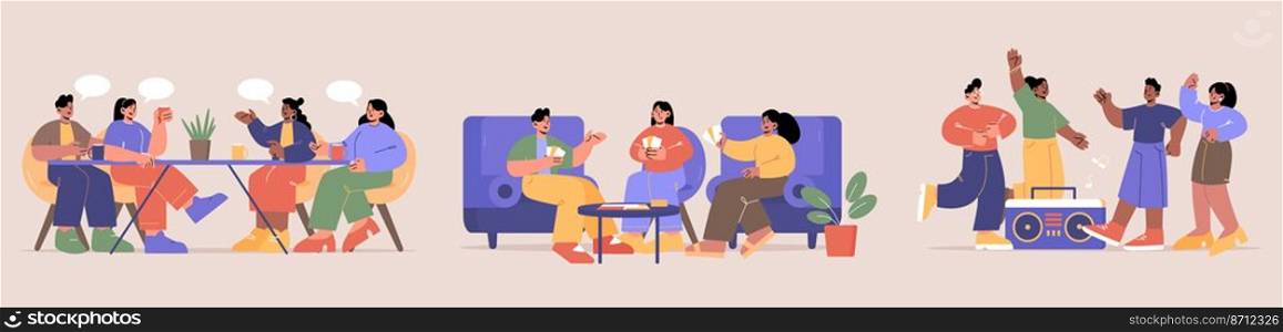 Friends meeting, hobby diversity, happy people communication, spare time. Young men and women playing board games at home, dance near tape recorder together, chatting in cafe, Line art vector set. Friends meeting, hobby diversity, happy people