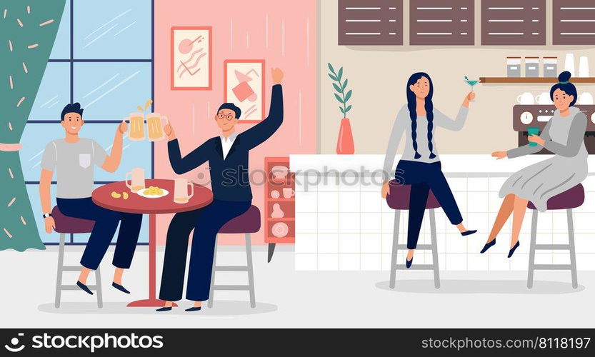 Friends meeting in bar, chatting and communicate. Bar friend meeting and talking drink coffee or beer. Vector illustration. Friends meeting in bar, chatting and communicate