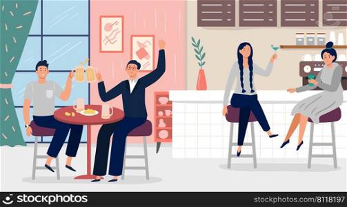 Friends meeting in bar, chatting and communicate. Bar friend meeting and talking drink coffee or beer. Vector illustration. Friends meeting in bar, chatting and communicate