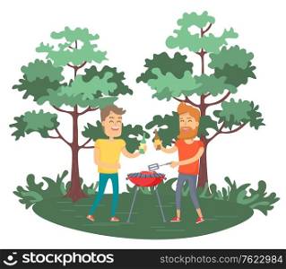 Friends men frying meat on grill, picnic in forest or park. Portrait view of smiling males characters cooking and drinking outdoor, leisure vector. People Cooking Outdoor, Frying Meat, Picnic Vector
