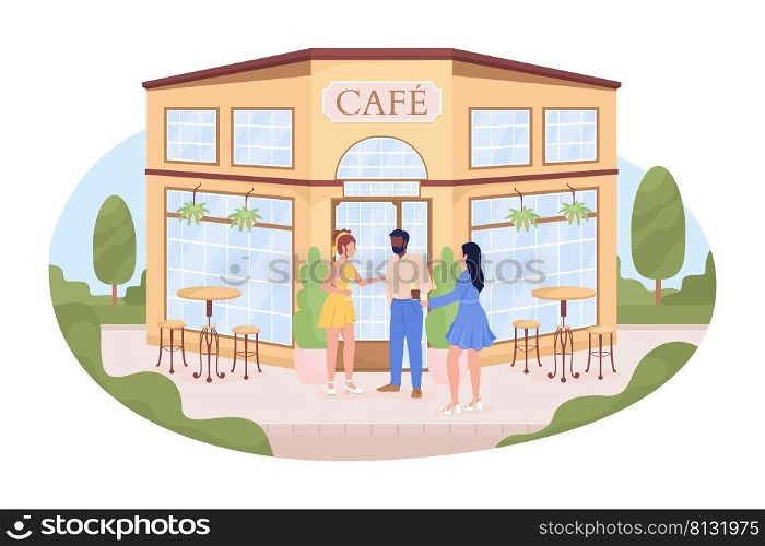 Friends near cafe building on street 2D vector isolated illustration. Standing flat characters on cartoon background. Colourful editable scene for mobile, website, presentation. Cardo font used. Friends near cafe building on street 2D vector isolated illustration
