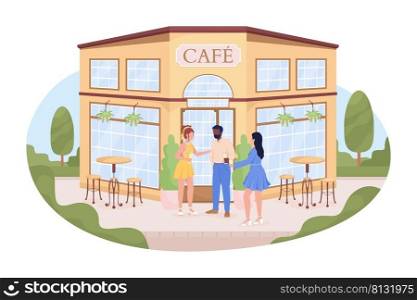 Friends near cafe building on street 2D vector isolated illustration. Standing flat characters on cartoon background. Colourful editable scene for mobile, website, presentation. Cardo font used. Friends near cafe building on street 2D vector isolated illustration