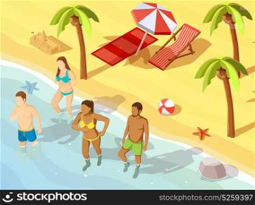 Friends Ocean Beach Vacation Isometric Poster. Two young couples friends on tropical beach vacation bathing in swimming suits isometric view poster vector illustration