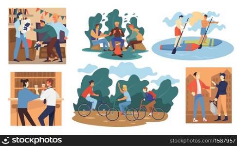 Friends on vacation, people spending time together vector. Active lifestyle traveling and riding bicycle, camping in summer. Guys drinking in bar talking. Neighbors in city, youth in forest by fire. Friends on vacation, people spending time together vector