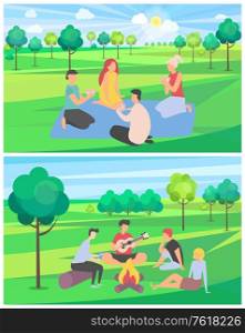 Friends on vacation spend time together vector, people sitting on blanket in park surrounded by greenery trees and sunshine, playing songs on guitar. Friends on Summer Vacation Spending Time Together