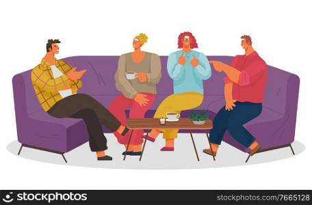 Friends on weekends playing games and drinking coffee in cafe or restaurant. People sitting on cozy sofa enjoying company and beverages. Clients of coffeehouse having fun in bar, vector in flat. People Playing Games in Cafe or Coffeehouse vector