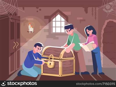 Friends opening closed chest flat vector illustration. People in escape room, woman and men solving mystery cartoon characters. Logic team game, modern entertainment, treasure hunt