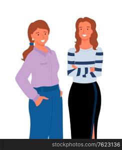 Friends or relatives standing together, portrait and closeup view of women characters wearing casual clothes, smiling group of people, girls vector. Flat cartoon. Women Standing Together, Smiling Girls Vector