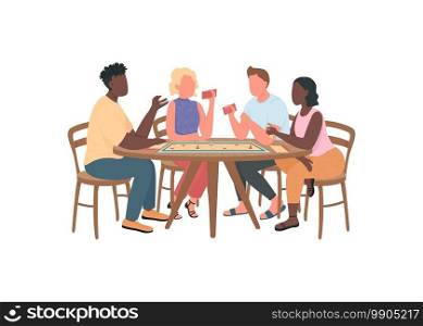 Friends playing board games flat color vector faceless characters. Men and women with tabletop games. Weekend home entertainment isolated cartoon illustration for web graphic design and animation. Friends playing board games flat color vector faceless characters