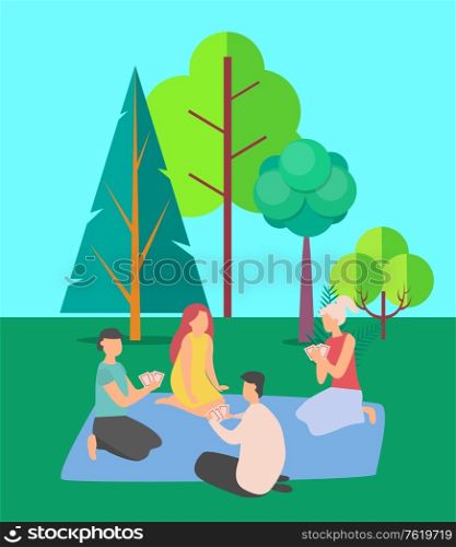 Friends playing game vector, spending time together in park with green trees, young people on summer outdoor recreation, adults with cards on picnic. Friends Playing Game and Spending Time Together