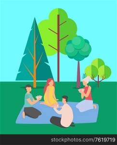 Friends playing game vector, spending time together in park with green trees, young people on summer outdoor recreation, adults with cards on picnic. Friends Playing Game and Spending Time Together