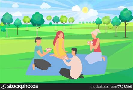 Friends playing game vector, spending time together in park with green trees, young people on summer outdoor recreation, happy weekend with friend, adults with cards on picnic. Flat cartoon. Friends Playing Game and Spending Time Together