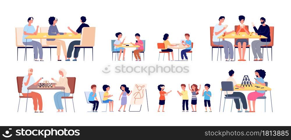 Friends playing games. Happy hobbies, people play together. Kids and family home meeting, girl boy active street gaming vector illustration. Game board at table, entertainment friendship. Friends playing games. Happy hobbies, people play together. Kids and family home meeting, girl boy active street gaming vector illustration