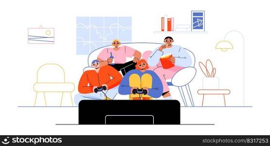 Friends playing video games spend time together at home. Teenagers company with gamepads, drinks and fast food sitting on couch at tv having fun and entertainment, Line art flat vector illustration. Friends playing video games spend time together