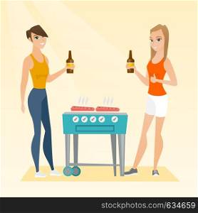 Friends preparing barbecue and drinking beer. Group of friends having fun at a barbecue party. Smiling caucasian female friends having a barbecue party. Vector flat design illustration. Square layout.. Caucasian friends having fun at a barbecue party.