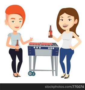 Friends preparing barbecue and drinking beer. Group of friends having fun at a barbecue party. Caucasian friends having a barbecue party. Vector flat design illustration isolated on white background.. Caucasian friends having fun at barbecue party.