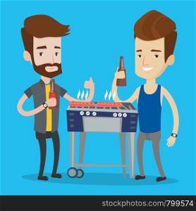 Friends preparing barbecue and drinking beer. Group of friends having fun at a barbecue party. Smiling caucasian male friends having a barbecue party. Vector flat design illustration. Square layout.. Caucasian friends having fun at barbecue party.