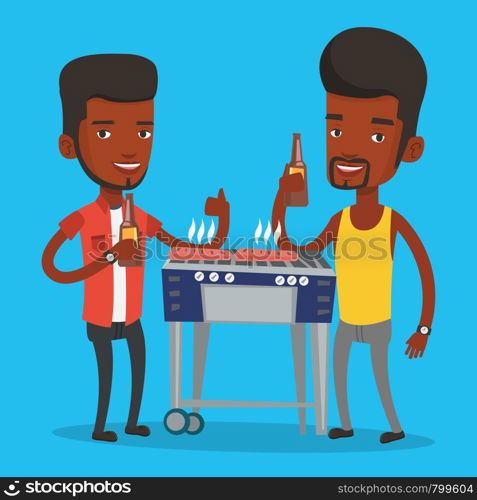 Friends preparing barbecue and drinking beer. Group of friends having fun at a barbecue party. Smiling african-american friends having a barbecue party. Vector flat design illustration. Square layout.. Friends having fun at barbecue party.